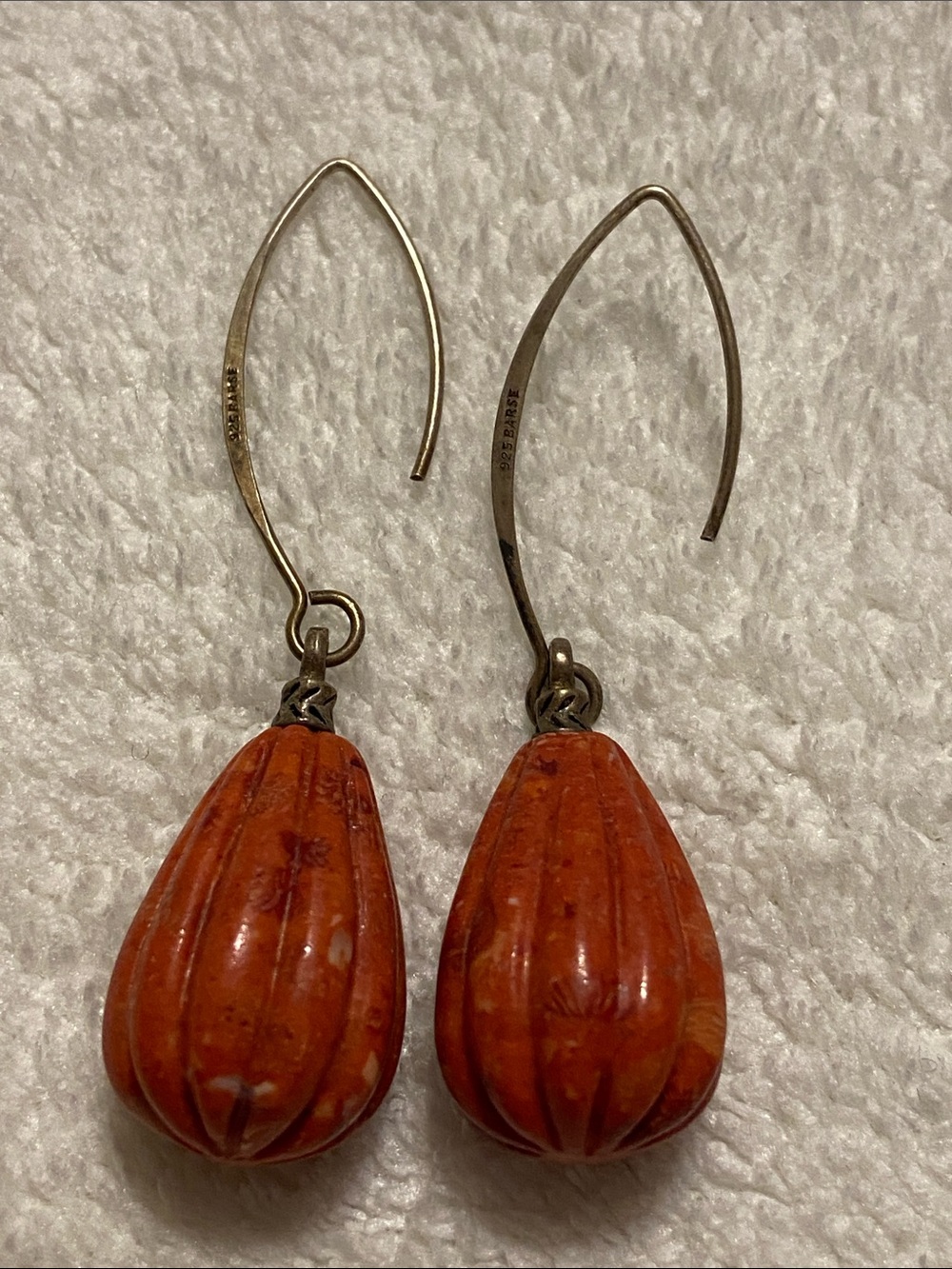 Sterling silver 925 Barse Orange coral Teardrop Dangle Earrings